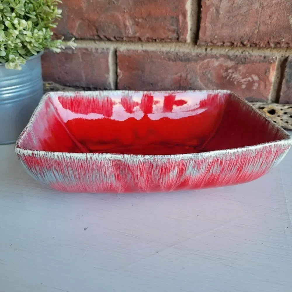 Vintage MCM Red Drip Glaze Pottery Planter